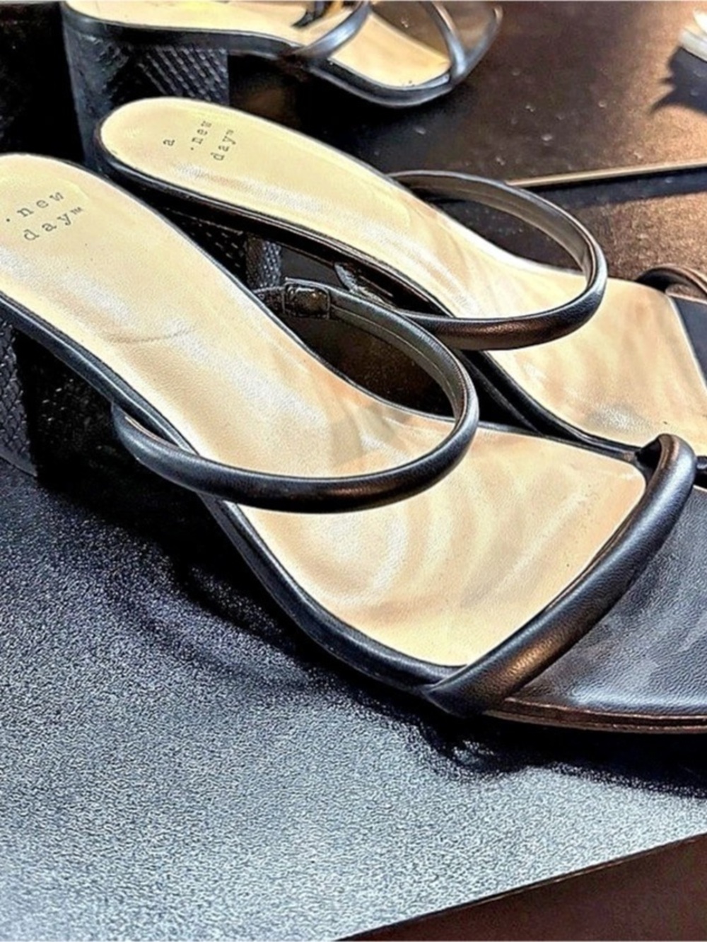 A New Day Black Strappy Heeled Sandals With Snake-Print Block Heel